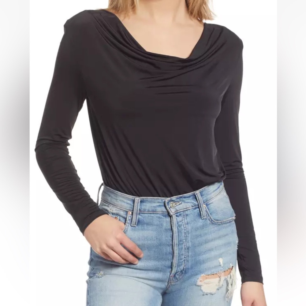 Wayf Solano Black Runched Cowl Neck Shoulder Pad Bodysuit Womens M NEW